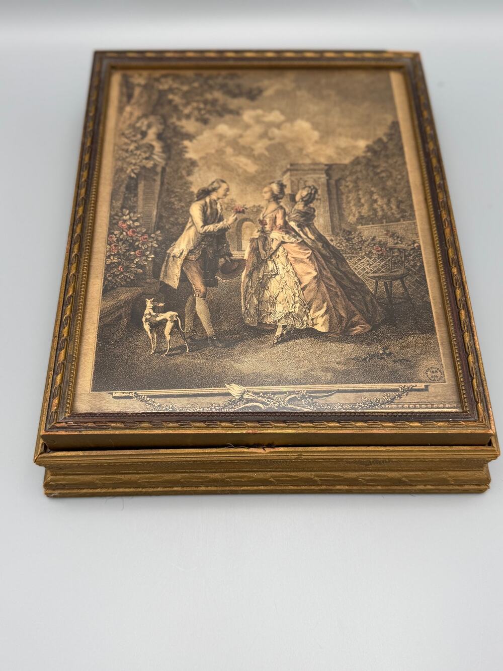 Fragonard The Lover Crowned Mirrored Jewelry Box Gold Tone Divided Interior